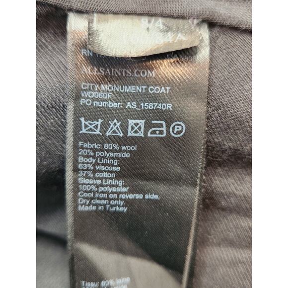 All Saints Turn Lock Monument Eve Coat Black Wool Blend Asymmetrical Hem Size 4 - Picture 9 of 9